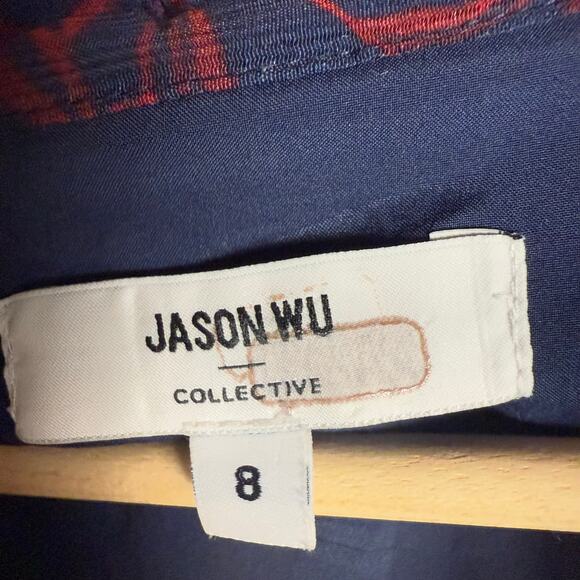 Jason Wu Navy Red Floral Print Tie Neck Long Sleeve Midi Shirt Dress Size 8 - Picture 16 of 16